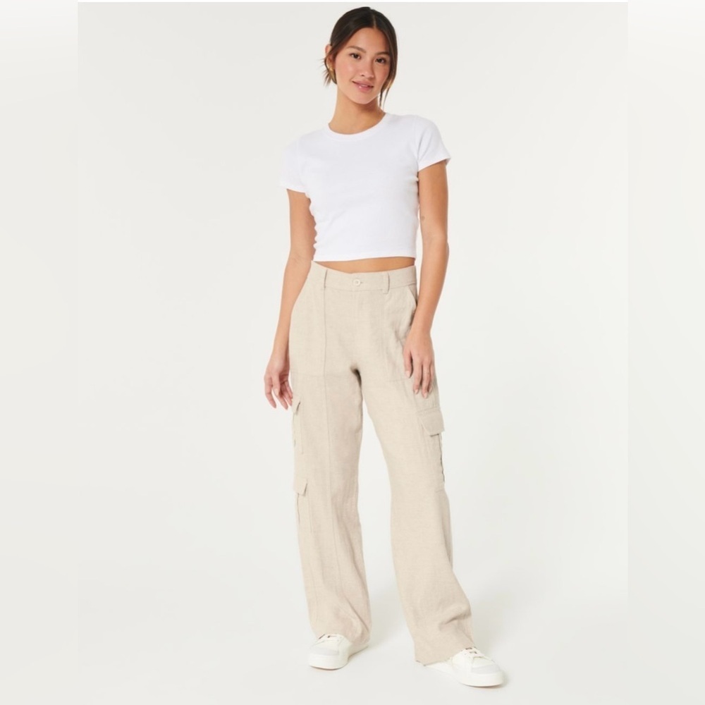 Hollister Natural Ultra High-rise Linen-blend Baggy 3-pocket Cargo Trousers L
